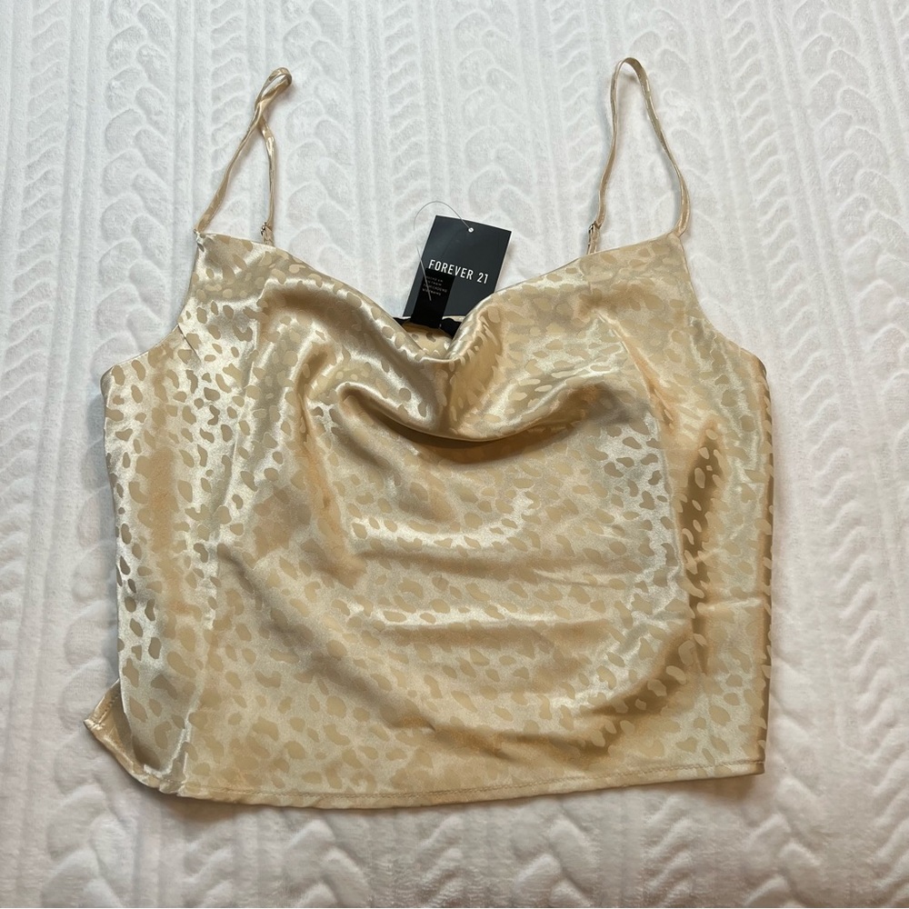 Forever 21 Champagne Satin Leopard Cowl Neck Tank